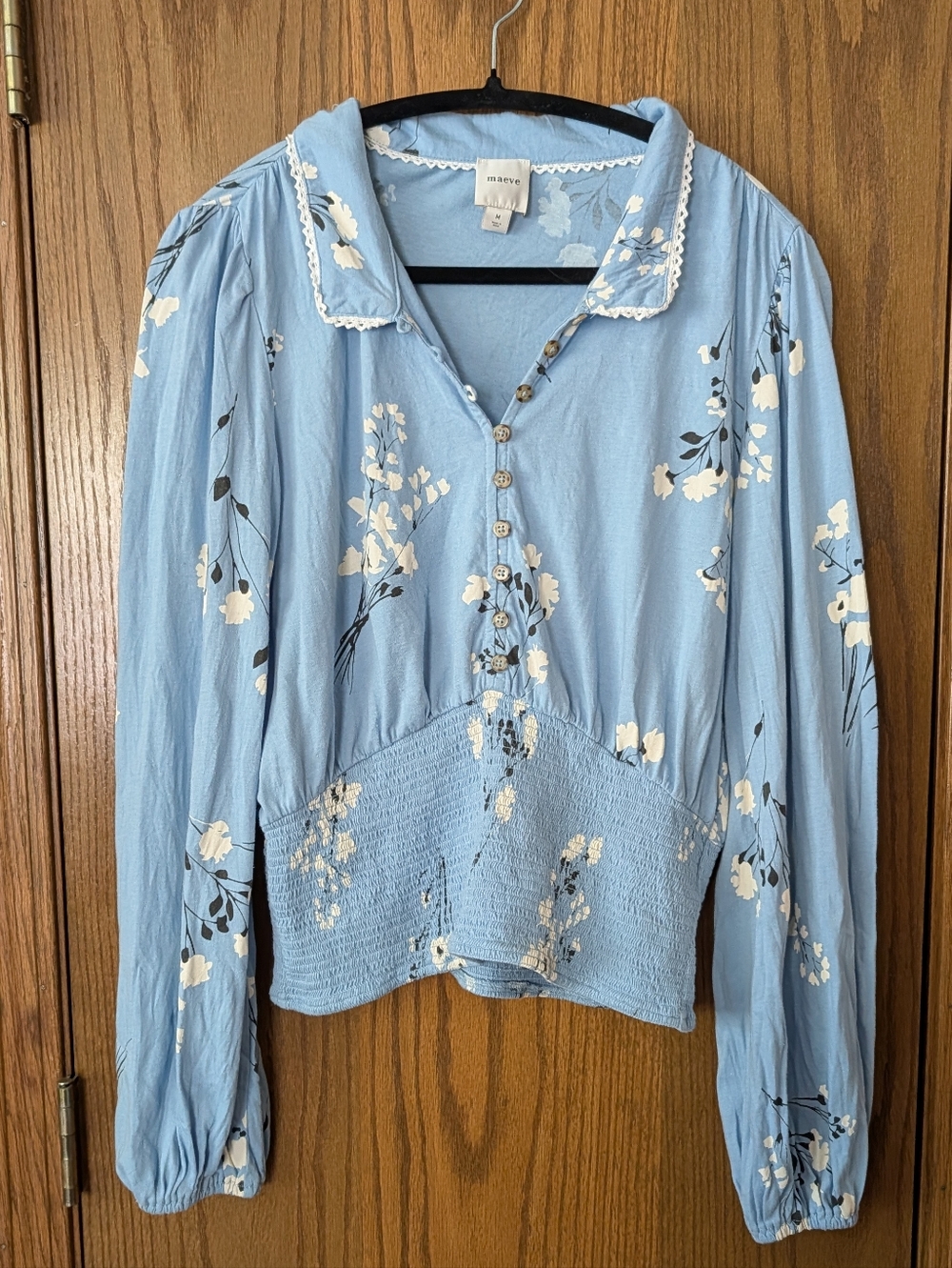 Maeve Light Blue Floral Button-Front Smocked Waist Blouse - Picture 2 of 5